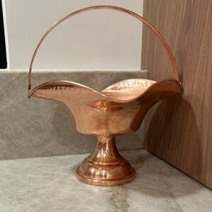 Vintage Hand-Hammered Copper Pedestal Basket with Swing Handle